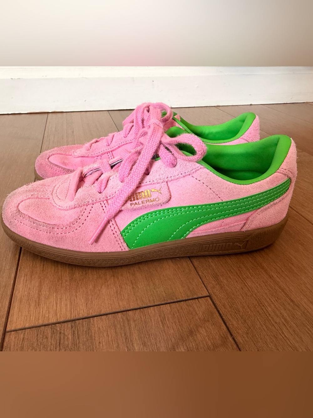 Puma Kids Suede Sneakers in Pink with Bright Green Stripe